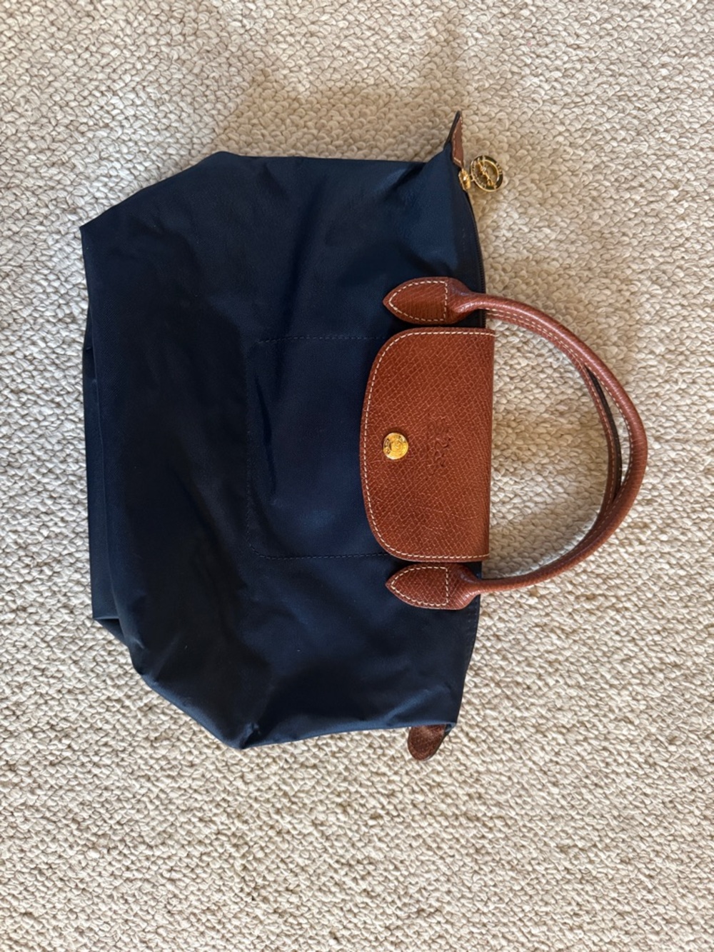 Longchamp Navy Tote with Brown Leather Trim and Gold Accent